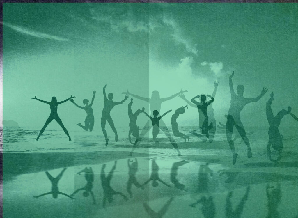 Glade mennesker hopper på en strand